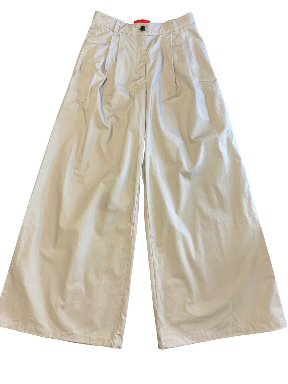 Max Beige Cotton Wide Leg Trousers High Rise Pleated Pants Size 2